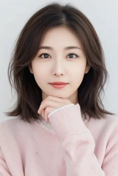 Photorealistic close-up portrait, 8k resolution, hyperrealistic rendering, a cute Japanese woman in her twenties (2025), facing the camera directly. Her hair is medium-length, dark brown, meticulously styled away from her face, showing a clear hairline an...