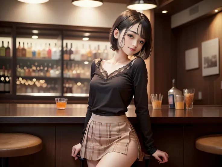 (highest quality, masterpiece, Ultra High Resolution, 8k, RAW photo, realistic, anatomically accurate:1.5), 20 year old girl:1.2, is embarrassing, looks away, :1.0, viewer, ((bar)) 、big window、 night view、 light:1.2, Cinema lighting:1.0, description depth ...