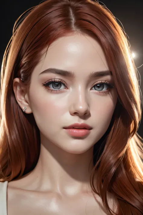 1 ,  stareye, Blush,  perfect lighting,  red hair,  red-eyed, Unreal Engine, side lighting, detailed face, fringe, glowing skin, simple bottom,  Dark background