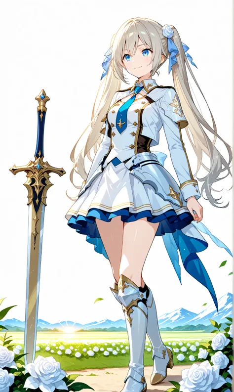 (watercolor:0.4)、( pastel :0.6)、 1girl 、Tie long jet black twin tails with faint white highlights with a ribbon、A knight in a white rose military uniform、Blue eyes。an expression where you can sit on the ground and place a sword on its side、Trying to stand ...