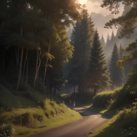 a magical enchanted forest, full moon rising from behind the hills, people wandering through the lush greenery, beautiful detailed eyes,beautiful detailed lips,extremely detailed eyes and face,longeyelashes, fantasy landscape, moody lighting, dramatic shad...