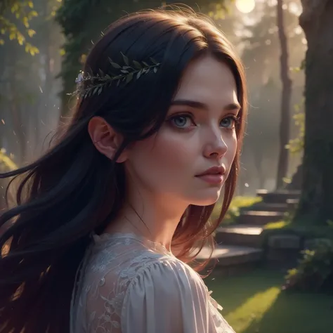 a magical enchanted forest, full moon rising from behind the hills, people wandering through the lush greenery, beautiful detailed eyes,beautiful detailed lips,extremely detailed eyes and face,longeyelashes, fantasy landscape, moody lighting, dramatic shad...