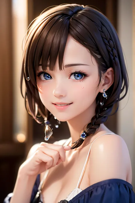 baby face, ( brown short hair :1.5,Halterbra:1.5,Short braids:1.5), (photorealistic:1.8), (masterpiece, sidelights in the form of drops, Exquisitely Beautiful Eyes: 1.5), masterpiece* portraits, realistic, 3d face,(cute face), front view: 1.6、 ( sparkling...