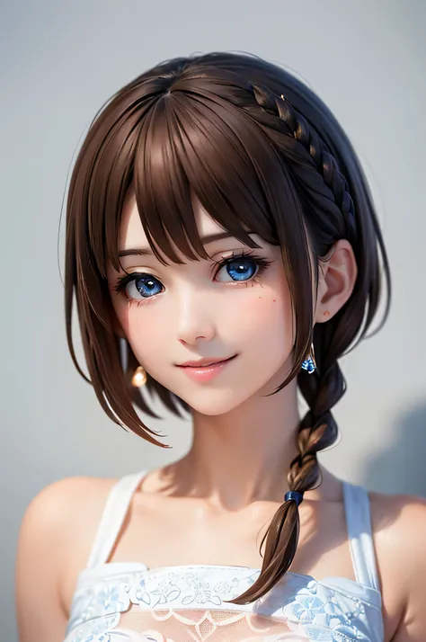 baby face, ( brown short hair :1.5,Halterbra:1.5,Short braids:1.5), (photorealistic:1.8), (masterpiece, sidelights in the form of drops, Exquisitely Beautiful Eyes: 1.5), masterpiece* portraits, realistic, 3d face,(cute face), front view: 1.6、 ( sparkling...