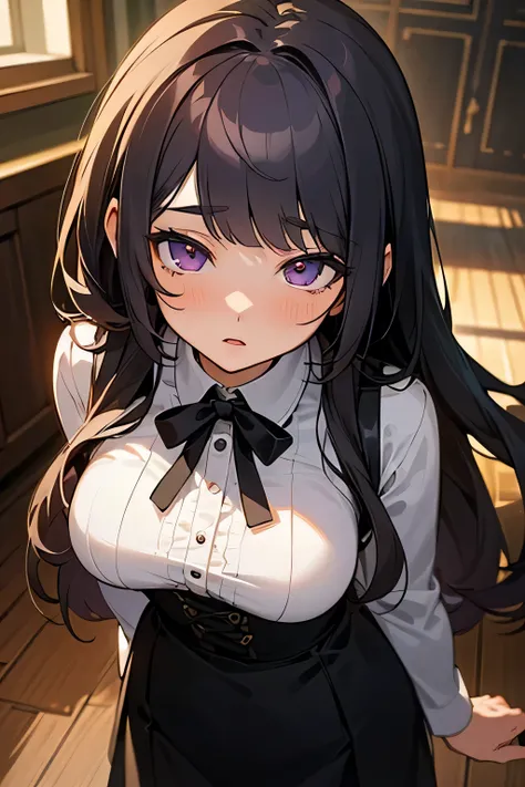  (masterpiece, best quality, extremely detailed CG, beautiful detailed eyes, ultra-detailed, intricate details, 8k wallpaper, elaborate features), half-bundle, black-hair, bangs, long hair, pretty, in house, hip breast , black ribbon, black skirt, light pu...