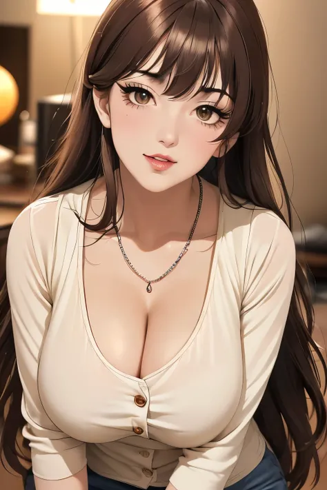 A sexy and seductive baddie with brown long wavy hair with bangs, seductive half-lidded eyes with a lot of kohl eyeliner and mascara, perfect sculpted eyebrows tilted, rosy cheeks, pink glossy swollen and thick painted lips in a genuine smile, wearing a sh...