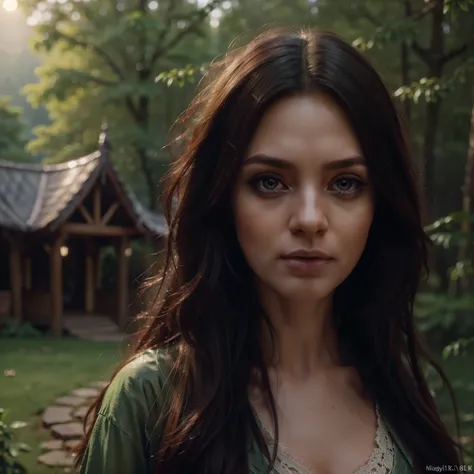 a magical enchanted forest, full moon rising from behind the hills, people wandering through the lush greenery, beautiful detailed eyes,beautiful detailed lips,extremely detailed eyes and face,longeyelashes, fantasy landscape, moody lighting, dramatic shad...