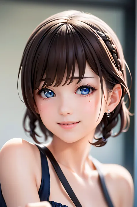 baby face, ( brown short hair :1.5,Halterbra:1.5,Short braids:1.5), (photorealistic:1.8), (masterpiece, sidelights in the form of drops, Exquisitely Beautiful Eyes: 1.5), masterpiece* portraits, realistic, 3d face,(cute face), front view: 1.6、 ( sparkling...