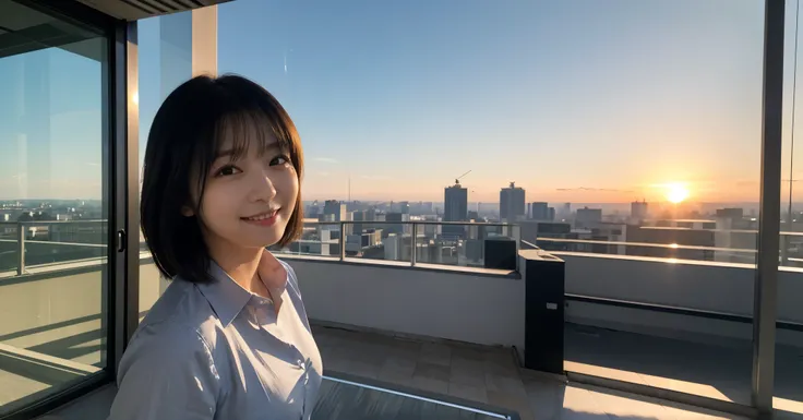 (highest quality,masterpiece:1.3,Ultra High Resolution),(Super Detail,caustics,8k), (photorealistic:1.4, RAW shooting),sunset,Office rooftop,Japanese,20 years old,cute,(smile),staring at the camera,black hair short,formal grey shirt,bust up shot,high angle...