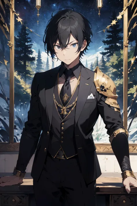 ((best quality)), ((masterpiece)), (detailed), 1man,Anime art,wearing a black suit with gold patterns,Wearing a knight helmat and gauntlet​,Holding a blue glowing sword ,the background is a forest in spring. red tie, and black pants.,The picture is very co...