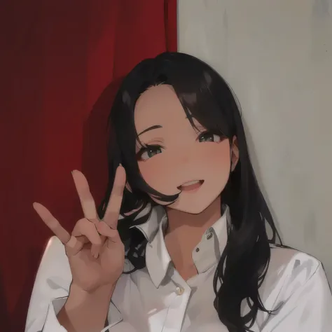 there is a chubby woman that is making a peace sign with her hand, with long hair, with index finger,  with kind face, with a long white, she expressing joy