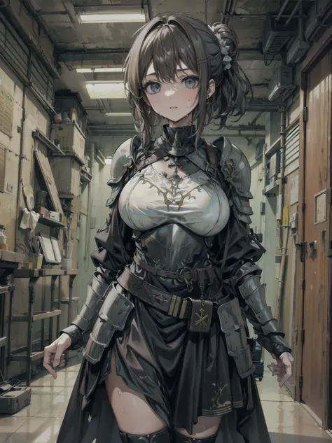 earring, large breasts, narrow waist, short hair, wavy hair, hair behind ear, half updo, black hair, sweat, cowboy shot, looking at viewer, indoor, ((Army dress, Armored Tank)),