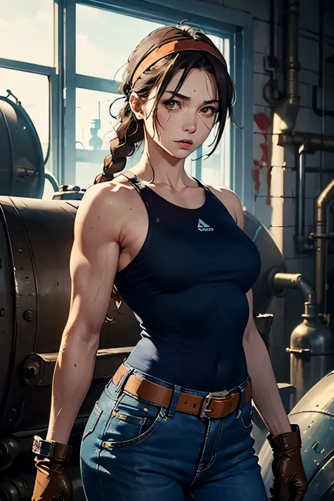 Female Fighter、upper body lift、 mature、realistic、 is tall 、Chemical plant、fighting pose、 bullish expression、 shabby body、Bleeding、gloves、 headband、Single Braids、(Damaged blue clothes)、 arm cover、( Messy brown hair)、  ( trained biceps )  、(brown long pants)...