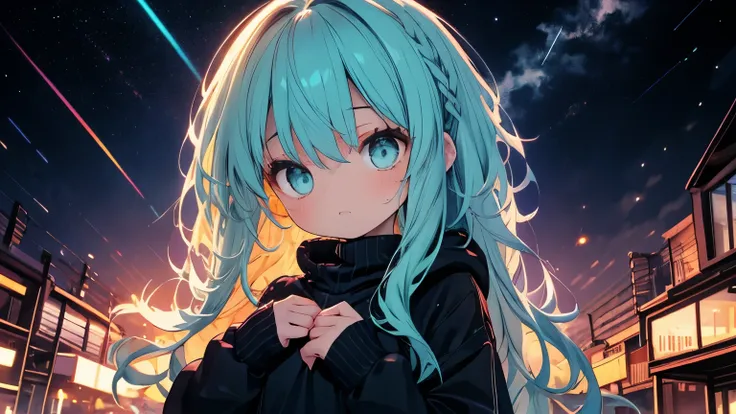 Turquoise Hair、 blue-green eyes 、starry sky、black sweater that goes all the way to the neck、whitish open front hoodie、upper body、 Darkness、It's holding down the heart、 wide angle shot、semi-long hair、shadow、Place your hands on your chest