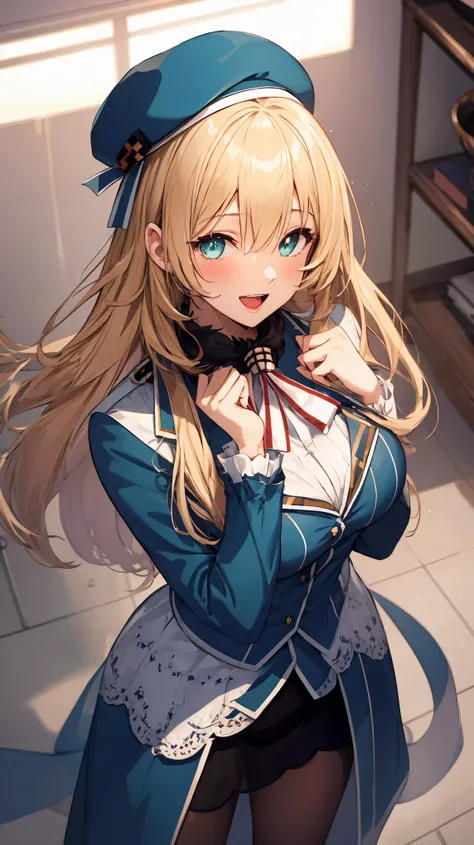 upper body,from above,1girl,solo,AtagoKC, (Atago) uniform,blonde hair,long hair,blue beret,black gloves,black pantyhose,high heels,blue skirt,black inner skirt,
looking at viewer, smile, open mouth,(raising fist,standing on one leg),masterpiece,Noise Reduc...