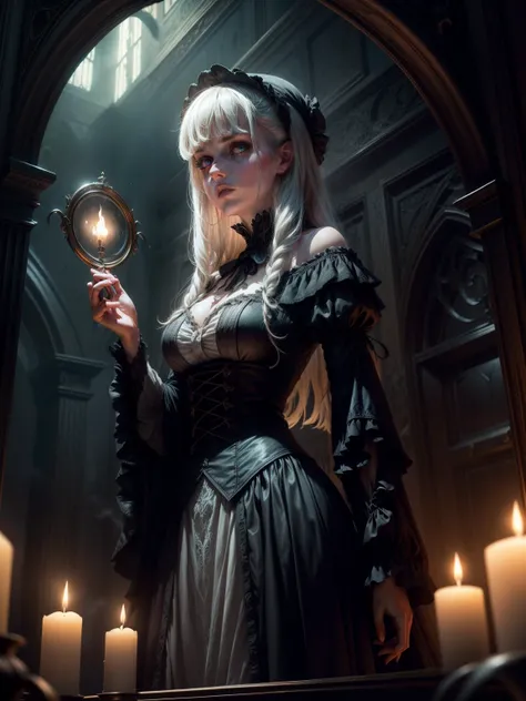  young sorceress, best quality,4k,8k,highres,masterpiece:1.2,ultra-detailed,realistic,photorealistic:1.37,(dark,dreary),victorian horror,fantasy,haunting,gothic,vintage,nightmarish atmosphere,exquisite details,ominous shadows,mysterious figures,elaborate c...