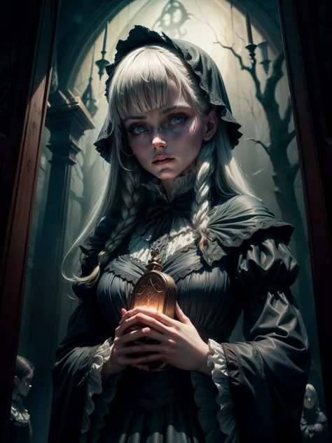  young sorceress, best quality,4k,8k,highres,masterpiece:1.2,ultra-detailed,realistic,photorealistic:1.37,(dark,dreary),victorian horror,fantasy,haunting,gothic,vintage,nightmarish atmosphere,exquisite details,ominous shadows,mysterious figures,elaborate c...