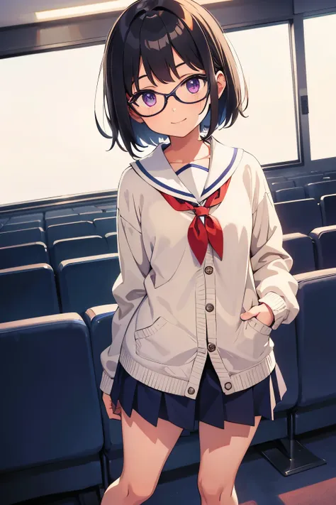 Elementary School Girl ８year-old toddler flat chest black hair short bob purple eyes glasses smile（（One person）） Upper Body Long Sleeve Sailor Suit Top Light Brown Cardigan Lower Body Navy Blue Mini Skirt White Panties （（panties visible）） white sock sneake...