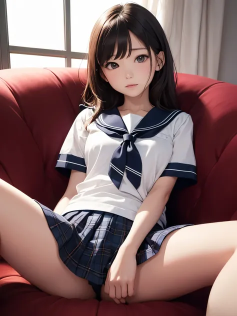  Ultra High Resolution , woman、Short sleeve、sailor suit、 Tartan Check Miniskirt 、 Panchira、 bend your knees and open your legs、Lying on one&#39;s back、Perfect limbs、Show it off、loafers、small breasts、plump body