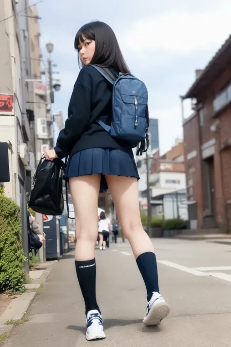 (((angle see from the ground))), The city of 1980,((back view)),Blue sky background,The back of a navy blue sweater,歩く女子中学生のback view,Beautiful legs with long thighs,Navy Blue Pleated Micro Mini Skirt, navy blue high socks,carrying a black backpack,sneaker...