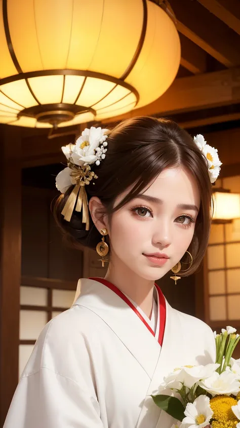 Female((30year old)), hair(( brown)), eyes((monolid-eyes, hazel eyes)), clothes((kimono, white)), hair bun, earrings, gigantic , bouquet, japanese house, lantern, smiling,