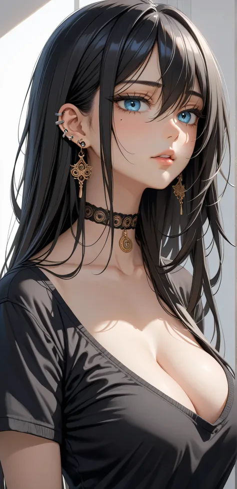 upper body, Random Sexy pose , ((Ultra detailing)), ((very aesthetic, best quality, ultra detailed)), intricate details, 1girl, ((long hair, Black hair, massy hair,)), ((Blue eyes)), ((Detailed eyes)), ((Beautifull eyes)), ((prefect eyes)), ((Ultra detaili...