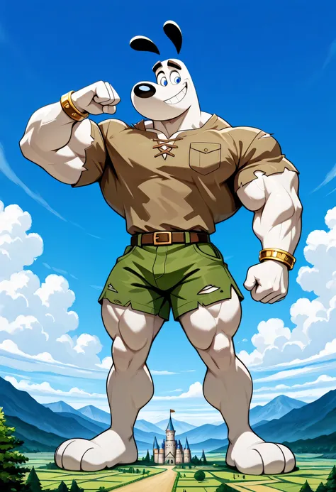 Giant muscular dudley puppy (T.U.F.F Puppy), white dog, cartoon 2d style, giant, macro size, full body, muscular body, castle background, beanstalk plant in the clouds, Masterpiece, best quality, high quality, detailed, Dudley Puppy, male, solo male, 1boy,...