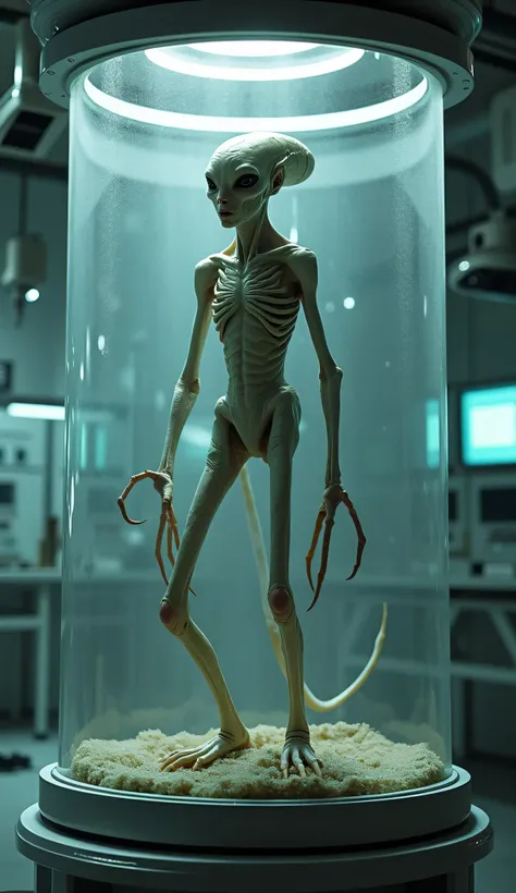 A terrifying alien with pale skin, pressure in a glass enclosure, With the background of a research laboratory 