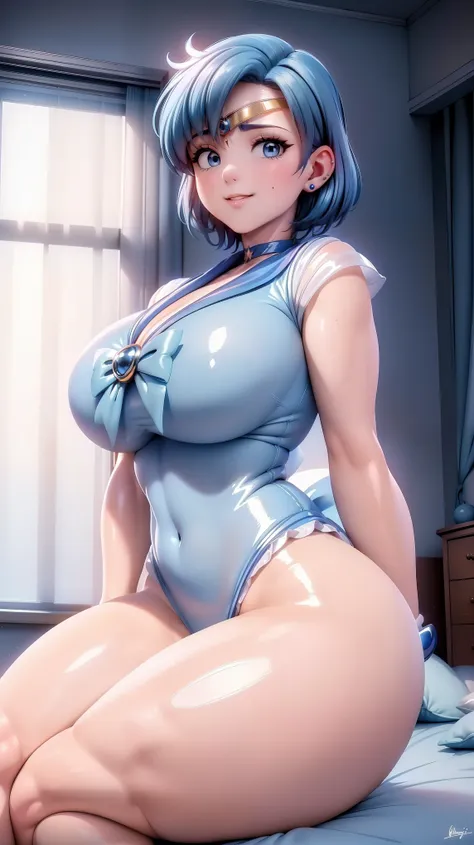 (((Top Quality))), ((Masterpiece)), ((Art)), (RAW Photo), (Shiny Soft Fabric), (Thick Thighs:1.7), (Vibrant Color:1.3), Ultra HD, High Resolution, Very High Resolution, Complex Grieble Pieces, Blue Color Theme, Short Blue Hair, Deep Blue Eyes, Fair and Smo...