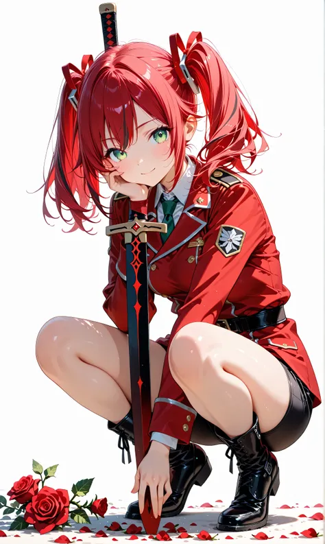 (watercolor:0.4)、( pastel :0.6)、 1girl 、tie long jet black twin tails with faint red highlights with a ribbon、A knight wearing a red rose military uniform、 green eyes、crouching down in a relaxed position while placing his sword on his side、His cheeks are b...
