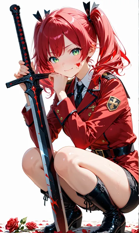 (watercolor:0.4)、( pastel :0.6)、 1girl 、tie long jet black twin tails with faint red highlights with a ribbon、A knight wearing a red rose military uniform、 green eyes、crouching down in a relaxed position while placing his sword on his side、His cheeks are b...
