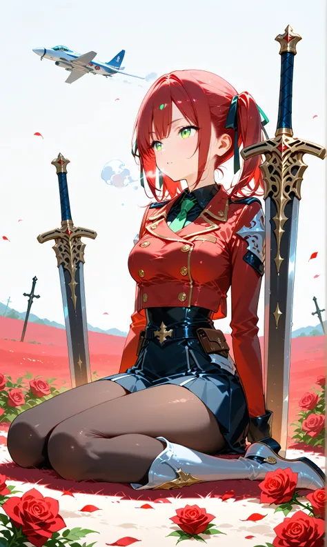 (watercolor:0.4)、( pastel :0.6)、 1girl 、tie long jet black twin tails with faint red highlights with a ribbon、A knight wearing a red rose military uniform、 green eyes。sit on the ground in a relaxed position while placing the sword on its side、Take a deep b...