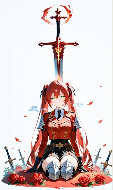 (watercolor:0.4)、( pastel :0.6)、 1girl 、tie long jet black twin tails with faint red highlights with a ribbon、A knight wearing a red rose military uniform、 green eyes。sit on the ground in a relaxed position while placing the sword on its side、Take a deep b...