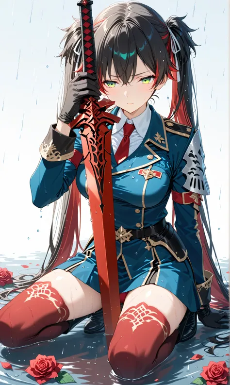 (watercolor:0.4)、( pastel :0.6)、 1girl 、tie long jet black twin tails with faint red highlights with a ribbon、A knight wearing a red rose military uniform、 green eyes。The front of the military uniform is open and、design showing red bras and panties。Rain-so...