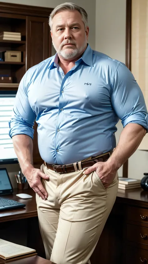 (best quality,4k,8k,highres,masterpiece:1.2), age 60, white man, horny disgusting, muscular chubby, kind, open blue shirt , mature daddy, Dress Pants with big hard bulge, hairy chest hard nipple, belt, loafer, in his Luxury Office