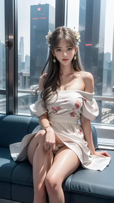 （Girl sitting on sofa in office)、Beauty、 One Girl、alone、Long Hair、Viewer、smile、blue eyes、hair ornaments、、gem、Gray Hair、Shut your mouth、Blunt banganicure、bracelet、lips、Grey Eyes、Portraiture、Red nails、close、Red lips、Put your hands on your face、Place your han...