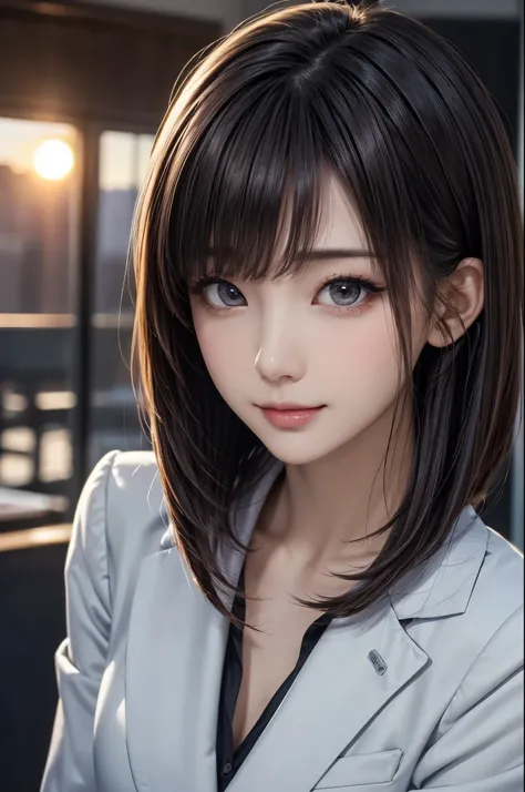 straight bob hair, 1girl, (masterpiece, high quality:1.2), long eyelashes, detailed beautiful eyes, perfect eyeliner, beautiful glossy lips, (((round face))), soft facial contours, radiant skin glow, realistic skin pores, wearing a gray business suit, cine...