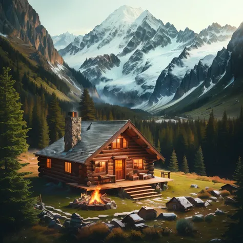 arafed cabin in the mountains with a fire pit, log cabin beneath the alps, cozy place, adventure hyper realistic render, incredibly high detailed, by Jason A. Engle, hyperrealistic landscape, cabin in the woods, max rive, integrated in the mountains, photo...