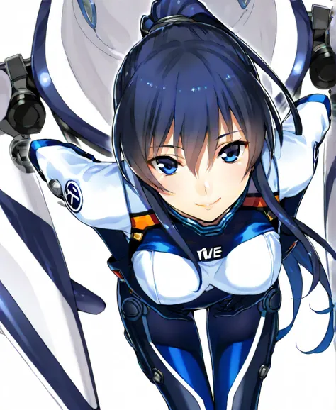 (​masterpiece、 top quality、 highest resolution 、 Clear Images 、  detailed image 、 The angle is from above ): ( a Japanese woman 、 High Ponytail、  dark blue hair  、 Sparkling blue eyes 、(  white and navy blue pilot suit （Enamel Finish ）、white and dark blue ...