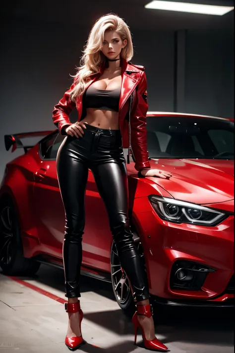 Nata Lee  short black top, red leather pants, red leather jacket, high heels, standing, standing