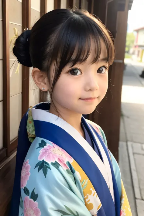 A beautiful elementary school student, one , Floral pattern on kimono 、Bust、I&#39; drinking tea and relaxing 、highest quality、Hair is black、smile, I'm drinking steaming greentea,bust up, Cherry blossoms in the background , squats,Tight lower body,looking a...