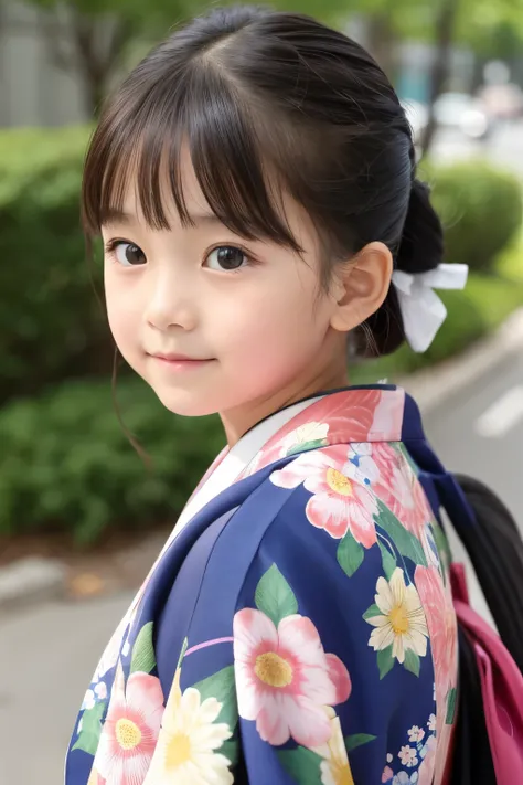 A beautiful elementary school student, one , Floral pattern on kimono 、Bust、I&#39; drinking tea and relaxing 、highest quality、Hair is black、smile, I'm drinking steaming greentea,bust up, Cherry blossoms in the background , squats,Tight lower body,looking a...