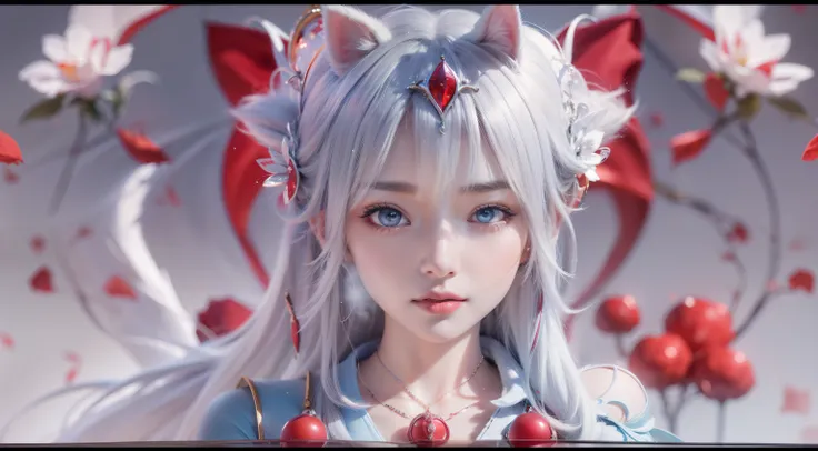 艺术背景artistic germ. High Detailed Texture ,panoramic,1 girl,(The girl with cat ears :1.2)Girl riding a white tiger:1.6,Blur red petals and graphic fusion, with only one character,plump woman,beautiful young woman with white conceptual dress with white high...