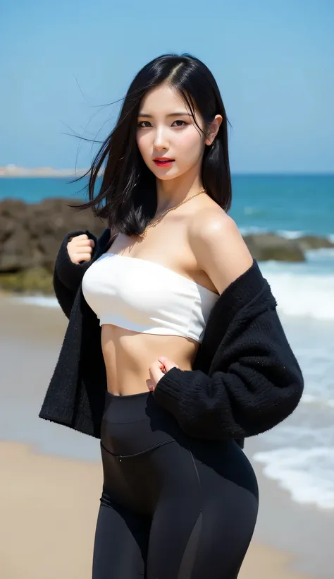 an office lady, playing on the beach in front of the camera, use black knit jacket with white strapless bikini, wears long leggings in black, big boobs, red lips, Annoyed face , slim waist,
