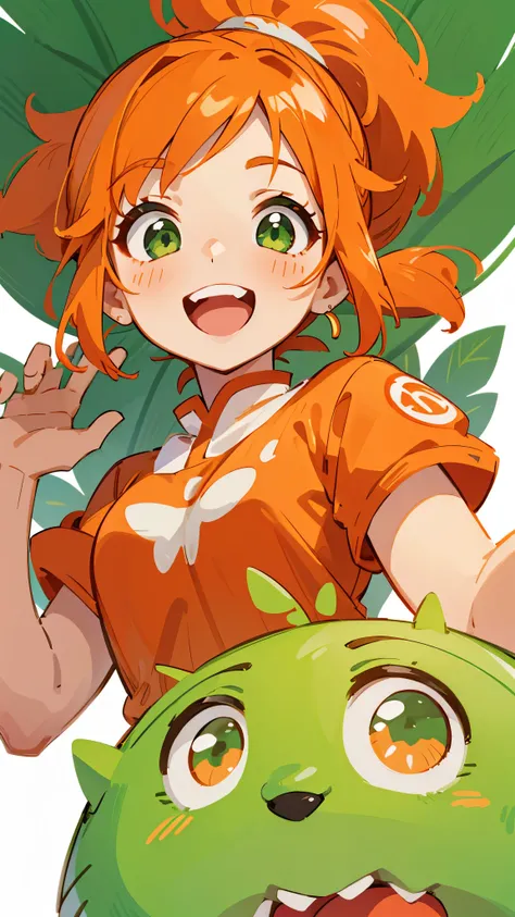 1 girl、orange clothes、orange hair、ponytail、 beautiful green eyes 、Laughter、smile、Shrimp mascot、upper body closeup