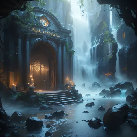 arafed image of a waterfall and a building with candles in it, unreal engine render concept art, photorealistic dark concept art, unreal engine fantasy art, unreal engine 5 digital art, magical concept art, unreal engine 5 render dramatic, realistic fantas...