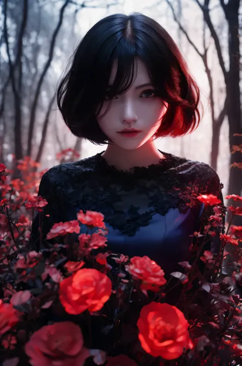 Kirishima Touka , Tokyo ghoul  > "Hyper-realistic gothic girl, short black hair covering one eye, deep blue eye, perfect skin , wearing a detailed red and black corset dress with lace and ribbon details, dark fantasy atmosphere, cinematic lighting, ultra H...
