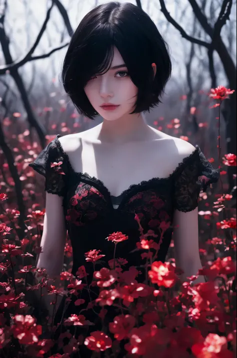 Kirishima Touka , Tokyo ghoul  > "Hyper-realistic gothic girl, short black hair covering one eye, deep blue eye, perfect skin , wearing a detailed red and black corset dress with lace and ribbon details, dark fantasy atmosphere, cinematic lighting, ultra H...