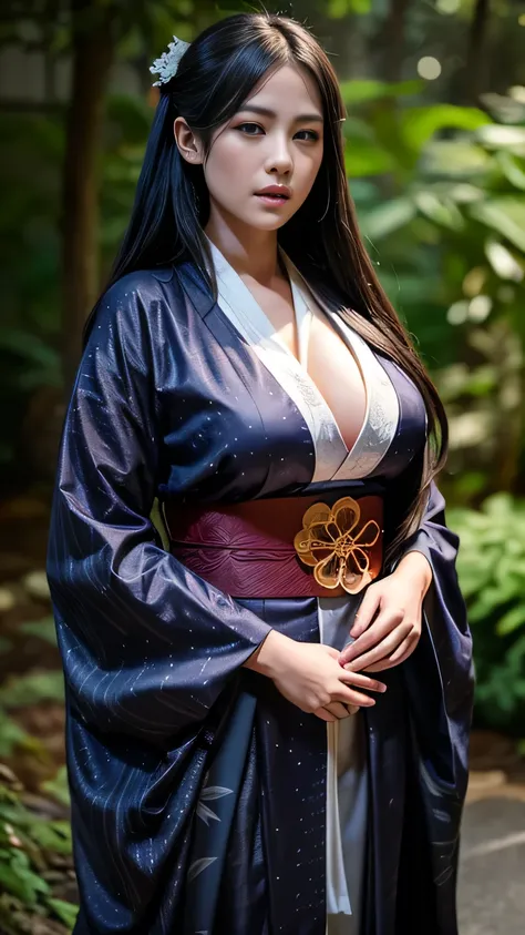 A seductive and mysterious girl with long dark hair, Big cleavage covered of semen, dressed in traditional Japanese clothing, standing in a moonlit forest. The illustration is inspired by the character Ragawa Kiriko from the manga series "Akatsuki no Yona"...