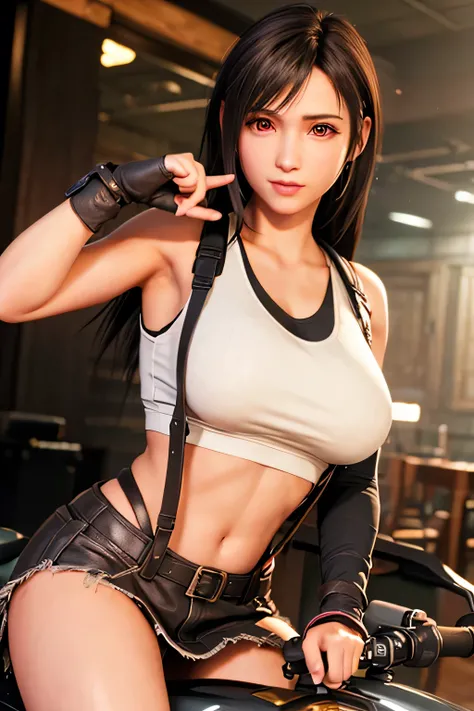 (, blush, 20yo, narrow eyes) (Photorealistic: 1.4), Solo, Top Quality, Very Delicate and Beautiful, High Definition, 1girl, tifa_lockhart, Smile, Cowboy Shot, Suspenders, Low Rise, Mini Skirt, Tank Top, Tense Shirt, Black Hair, Long Hair, Elbow Gloves, Bea...